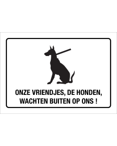Witte sticker met pictogram om aan te duiden dat de honden buiten moeten wachten