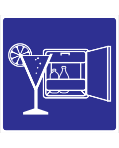 Blauwe sticker met koelkast voor het aanduiden van een minibar