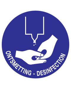 Blauwe sticker met pictogram en tekst om aan te duiden dat ontsmetting van de handen verplicht is