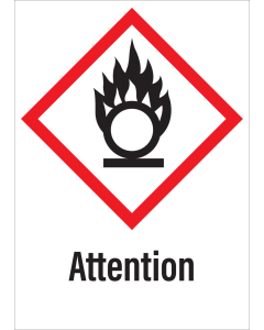 Sticker met pictogram "Oxiderende Stoffen" en signaalwoord "Attention" - GHS 03
