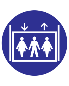 Blauwe sticker met pictogram om een lift aan te duiden geschikt voor personen