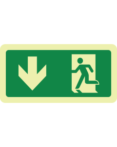 Fotoluminescerende sticker met pictogram nooduitgang naar beneden linkerkant openen ISO 7010