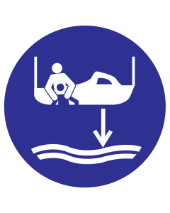 Blauwe sticker met pictogram om aan te duiden reddingsboot laten zakken