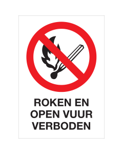 Sticker met pictogram en tekst Roken en open vuur verboden ISO7010 - P003