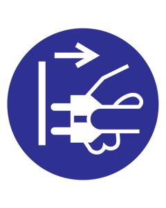 Blauwe sticker met pictogram om aan te duiden dat het verplicht is om de stekker uit het stopcontact te halen - ISO7010 - M006