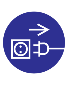 Blauwe sticker met pictogram om aan te duiden dat het verplicht is om de stekker uit het stopcontact te halen
