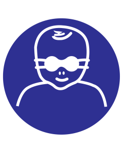 Blauwe sticker met pictogram om aan te duide dat het dragen van een opaak bril voor kinderen verplicht is - ISO7010 - M025