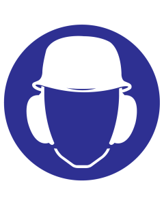 Blauwe sticker met pictogram om aan te duiden dat een helm en gehoorbescherming verplicht is