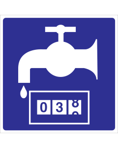 Blauwe sticker van een kraan en telwerk voor het aanduiden van een watermeter