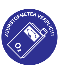 Blauwe sticker met pictogram en tekst om aan te duiden dat het gebruik van een zuurstofmeter verplicht is