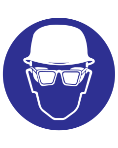 Greenline UV sticker met pictogram om aan te duiden dat het dragen van oogbescherming en veiligheidshelm verplicht is